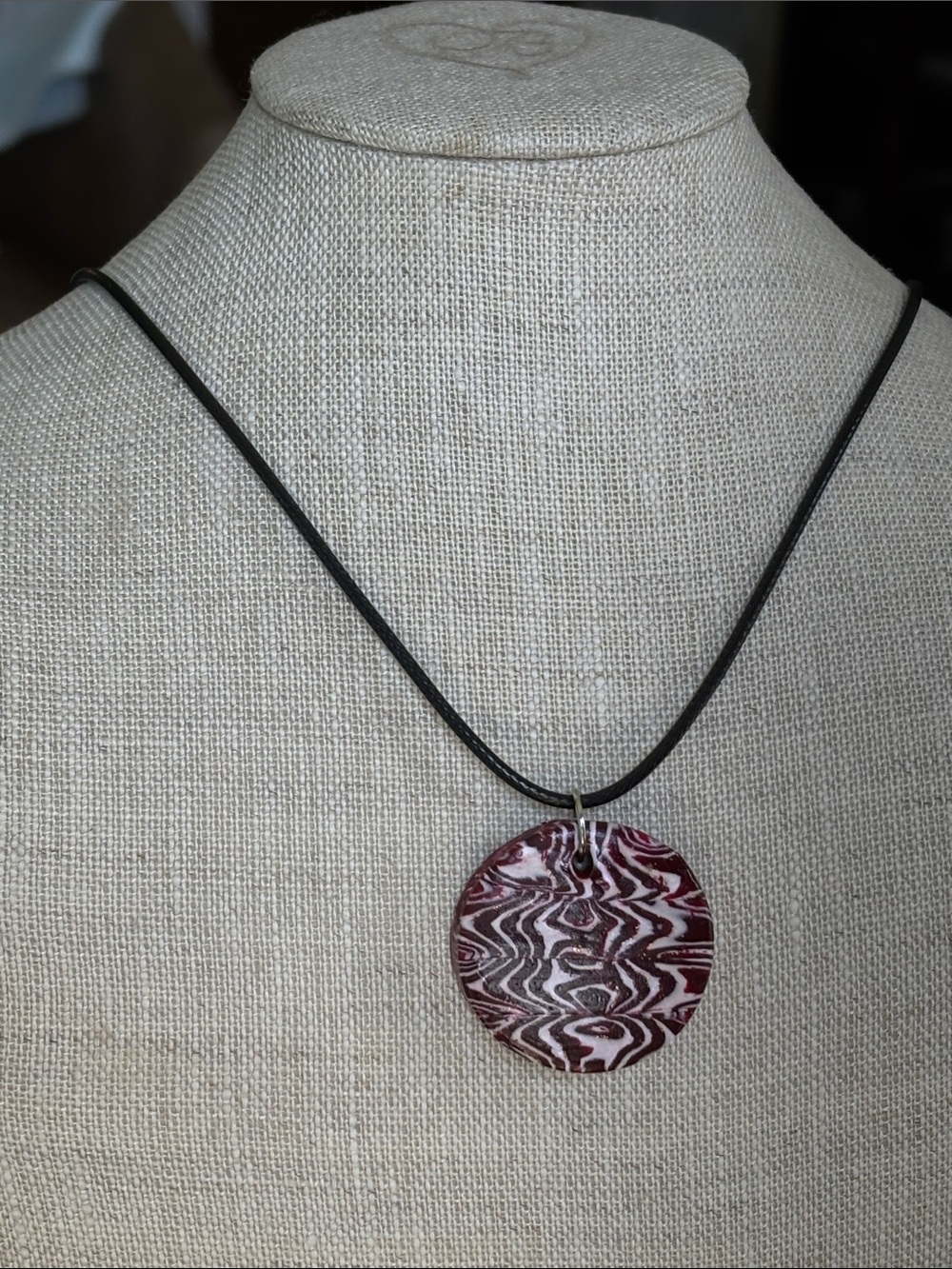 🔴Brand New Burgundy & White Polymer Clay Pendant Necklace With Cord